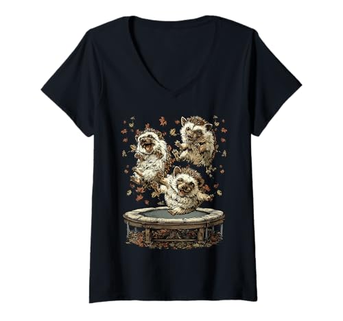 Damen Niedliche Igel springen auf Trampolin Herbststimmung Herbsttier T-Shirt mit V-Ausschnitt Damen Niedliche Igel springen auf Trampolin Herbststimmung Herbsttier T-Shirt mit V-Ausschnitt von Autumn Animals Fall Clothing Co.