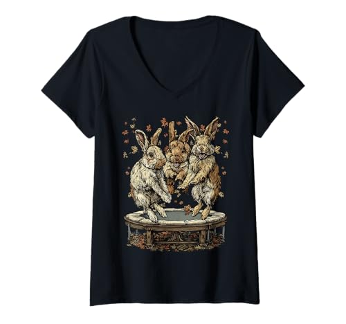 Damen Niedliche Kaninchen, die auf Trampolin springen, Herbststimmung, Herbsttiere T-Shirt mit V-Ausschnitt Damen Niedliche Kaninchen, die auf Trampolin springen, Herbststimmung, Herbsttiere T-Shirt mit V-Ausschnitt von Autumn Animals Fall Clothing Co.