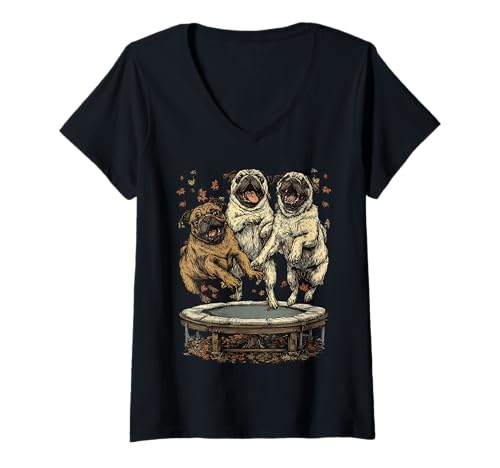 Damen Niedliche Möpse springen auf Trampolin Herbst Lustiger Hund Herbst Tier T-Shirt mit V-Ausschnitt Damen Niedliche Möpse springen auf Trampolin Herbst Lustiger Hund Herbst Tier T-Shirt mit V-Ausschnitt von Autumn Animals Fall Clothing Co.