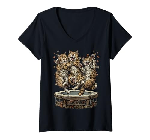 Damen Tabby Cats Jumping on Trampolin Fall Vibes Autumn Animals T-Shirt mit V-Ausschnitt Damen Tabby Cats Jumping on Trampolin Fall Vibes Autumn Animals T-Shirt mit V-Ausschnitt von Autumn Animals Fall Clothing Co.