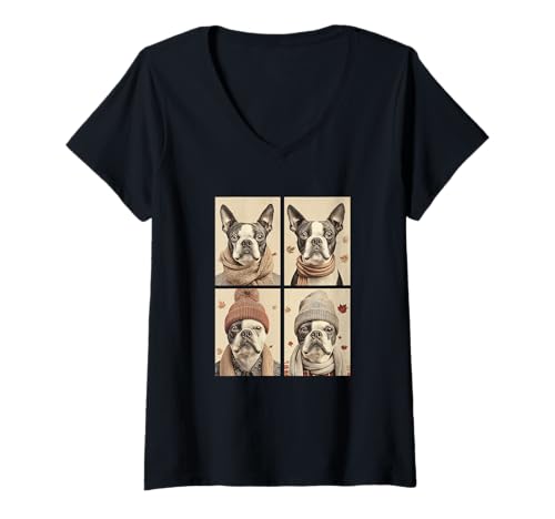 Damen Niedliche Boston Terrier Herbstblätter Hundeliebhaber Herbst T-Shirt mit V-Ausschnitt Damen Niedliche Boston Terrier Herbstblätter Hundeliebhaber Herbst T-Shirt mit V-Ausschnitt von Autumn Animals Fall Season Clothing Co.