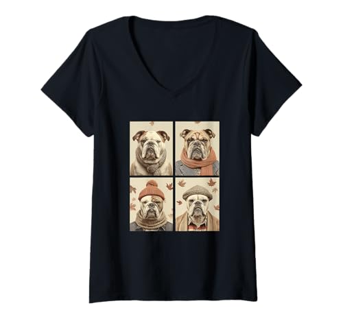 Damen Niedliche Bulldoggen, Herbstblätter, Hundeliebhaber, ästhetisches Haustier T-Shirt mit V-Ausschnitt Damen Niedliche Bulldoggen, Herbstblätter, Hundeliebhaber, ästhetisches Haustier T-Shirt mit V-Ausschnitt von Autumn Animals Fall Season Clothing Co.