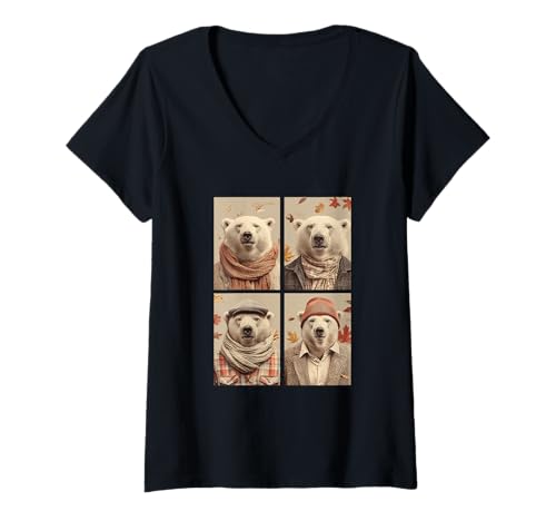 Damen Niedliche Eisbären Herbstblätter Arktis Tier Herbst Ästhetik T-Shirt mit V-Ausschnitt Damen Niedliche Eisbären Herbstblätter Arktis Tier Herbst Ästhetik T-Shirt mit V-Ausschnitt von Autumn Animals Fall Season Clothing Co.