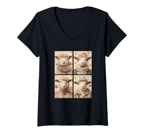 Damen Niedliche Schafe Herbstlaub Bauernhoftiere Herbst Ästhetischer Bauer T-Shirt mit V-Ausschnitt Damen Niedliche Schafe Herbstlaub Bauernhoftiere Herbst Ästhetischer Bauer T-Shirt mit V-Ausschnitt von Autumn Animals Fall Season Clothing Co.