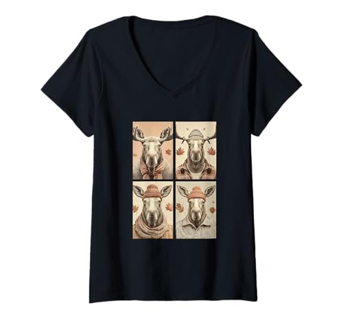 Damen Niedlicher Elch Herbstlaub Waldtiere Herbst Ästhetik T-Shirt mit V-Ausschnitt Damen Niedlicher Elch Herbstlaub Waldtiere Herbst Ästhetik T-Shirt mit V-Ausschnitt von Autumn Animals Fall Season Clothing Co.