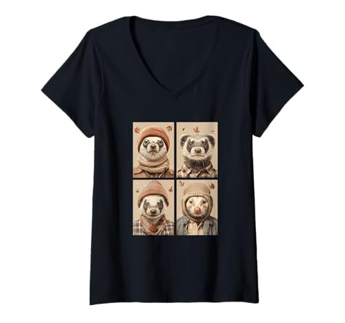 Damen Süße Dachse Herbstlaub Waldtiere Herbst Ästhetik T-Shirt mit V-Ausschnitt Damen Süße Dachse Herbstlaub Waldtiere Herbst Ästhetik T-Shirt mit V-Ausschnitt von Autumn Animals Fall Season Clothing Co.