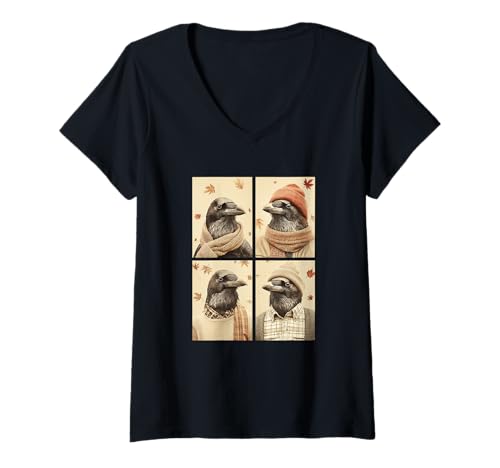 Damen Süße Krähen Herbstlaub Waldtiere Herbst Ästhetischer Rabe T-Shirt mit V-Ausschnitt Damen Süße Krähen Herbstlaub Waldtiere Herbst Ästhetischer Rabe T-Shirt mit V-Ausschnitt von Autumn Animals Fall Season Clothing Co.