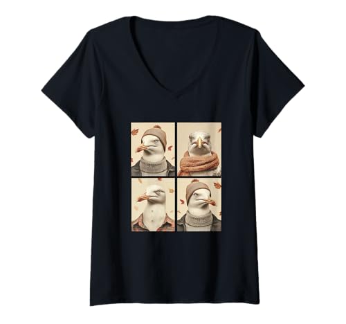 Damen Süße Möwen Herbstblätter Küstentiere Herbst Ästhetik T-Shirt mit V-Ausschnitt Damen Süße Möwen Herbstblätter Küstentiere Herbst Ästhetik T-Shirt mit V-Ausschnitt von Autumn Animals Fall Season Clothing Co.