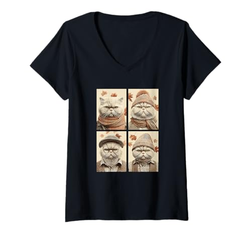 Damen Süße Perserkatzen Herbstblätter Katze Tier Herbst Ästhetik T-Shirt mit V-Ausschnitt Damen Süße Perserkatzen Herbstblätter Katze Tier Herbst Ästhetik T-Shirt mit V-Ausschnitt von Autumn Animals Fall Season Clothing Co.