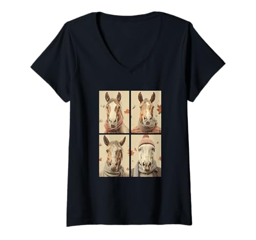 Damen Süße Pferde Herbstlaub Waldtiere Herbst Ästhetik T-Shirt mit V-Ausschnitt Damen Süße Pferde Herbstlaub Waldtiere Herbst Ästhetik T-Shirt mit V-Ausschnitt von Autumn Animals Fall Season Clothing Co.