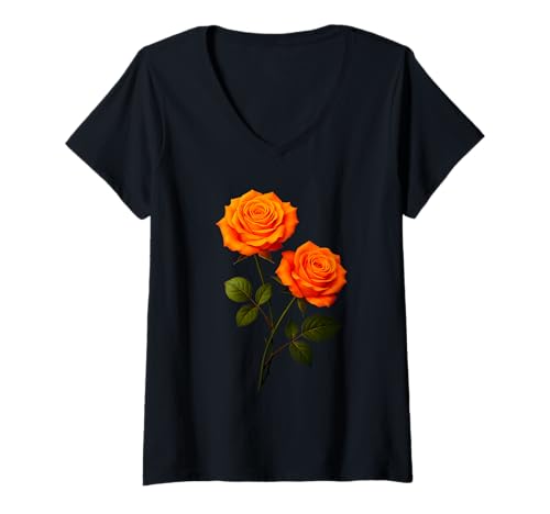 Damen Orange Rose Paar Floral Romance Herbst Halloween Ästhetik T-Shirt mit V-Ausschnitt von Autumn Bloom Garden Designs