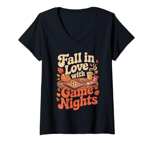 Damen Fall In Love with Game Nights Autumn Board Game Vibes T-Shirt mit V-Ausschnitt von Autumn Board Game Night Cozy Family Friends