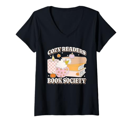 Damen Cozy Readers Book Society Autumn Fall Cozy Bookish Boho Book T-Shirt mit V-Ausschnitt von Autumn Book Fallin For Books Librarian