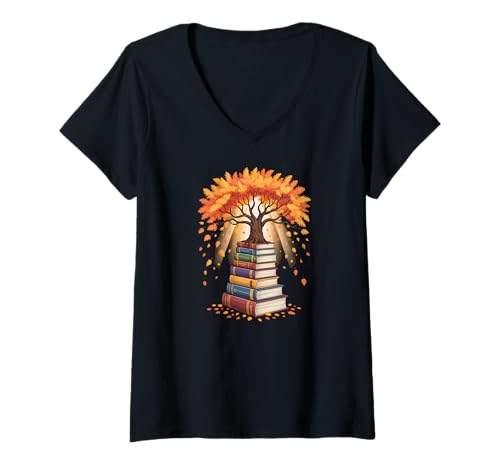 Damen Herbstbaum wächst aus Büchern Herbstlaub und Natur T-Shirt mit V-Ausschnitt Damen Herbstbaum wächst aus Büchern Herbstlaub und Natur T-Shirt mit V-Ausschnitt von Autumn Book Lover Apparel Gifts By Anastasia