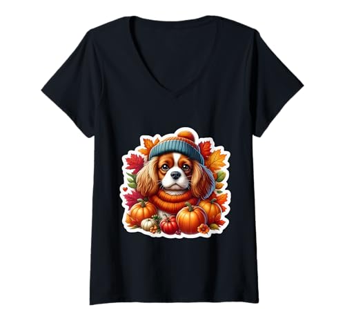 Damen Herbst Cavalier King Charles Spaniel Hundebesitzer Kürbis T-Shirt mit V-Ausschnitt Damen Herbst Cavalier King Charles Spaniel Hundebesitzer Kürbis T-Shirt mit V-Ausschnitt von Autumn Cavalier King Charles Spaniel Owner Merch
