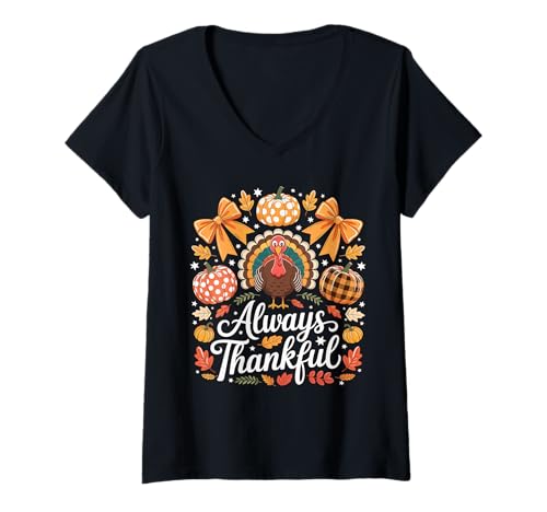 Damen Kokette Schleife Kürbis Truthahn Erntedankfest T-Shirt mit V-Ausschnitt Damen Kokette Schleife Kürbis Truthahn Erntedankfest T-Shirt mit V-Ausschnitt von Autumn Celebrations Apparel