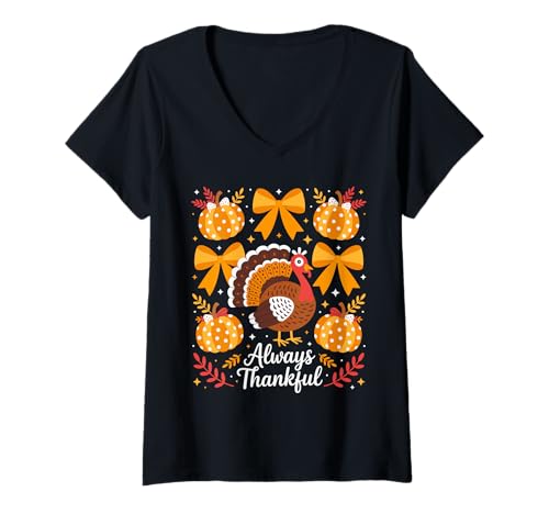 Damen Kokette Schleife Kürbis Truthahn Erntedankfest T-Shirt mit V-Ausschnitt Damen Kokette Schleife Kürbis Truthahn Erntedankfest T-Shirt mit V-Ausschnitt von Autumn Celebrations Apparel