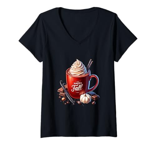 Damen Happy Fall Hot Cocoa Mug Graphic for Women with Autumn Vibes T-Shirt mit V-Ausschnitt Damen Happy Fall Hot Cocoa Mug Graphic for Women with Autumn Vibes T-Shirt mit V-Ausschnitt von Autumn Chocolate Hot Cocoa Gifts For Fall Lovers