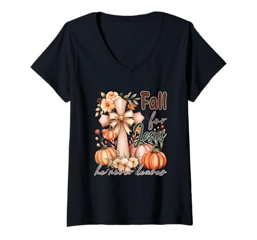 Damen Fall for Jesus He Never Leaves Kürbis Blumenkreuz T-Shirt mit V-Ausschnitt von Autumn Christian Pumpkin Cross Floral Celebration