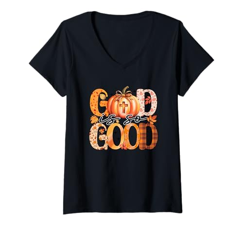 Damen God is So Good Kürbis-Herbstblätter T-Shirt mit V-Ausschnitt Damen God is So Good Kürbis-Herbstblätter T-Shirt mit V-Ausschnitt von Autumn Christian Pumpkin Faith Leaves