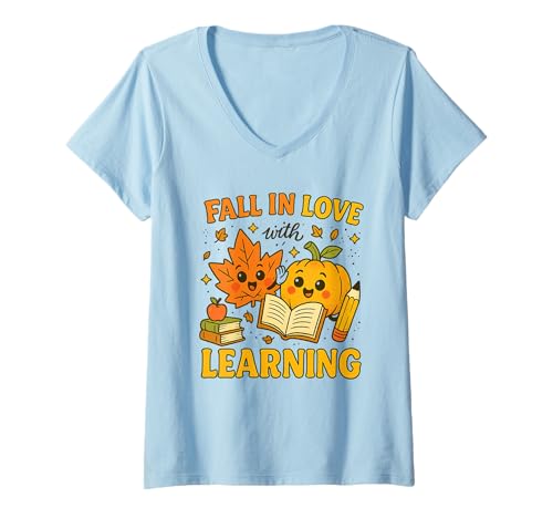 Damen Fall In Love with Learning Cute Autumn Teacher T-Shirt mit V-Ausschnitt Damen Fall In Love with Learning Cute Autumn Teacher T-Shirt mit V-Ausschnitt von Autumn Classroom Co.