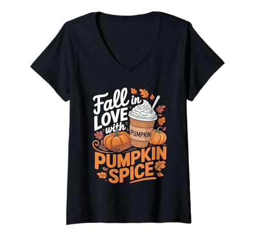 Damen Fall In Love with Pumpkin Spice Cozy T-Shirt mit V-Ausschnitt von Autumn Coffee Lovers Cozy Delight