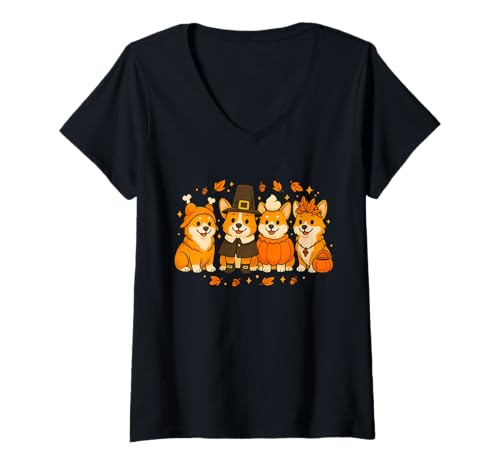 Damen Thanksgiving Corgi Dogs Herbst Grafik T-Shirt mit V-Ausschnitt Damen Thanksgiving Corgi Dogs Herbst Grafik T-Shirt mit V-Ausschnitt von Autumn Corgi Co.