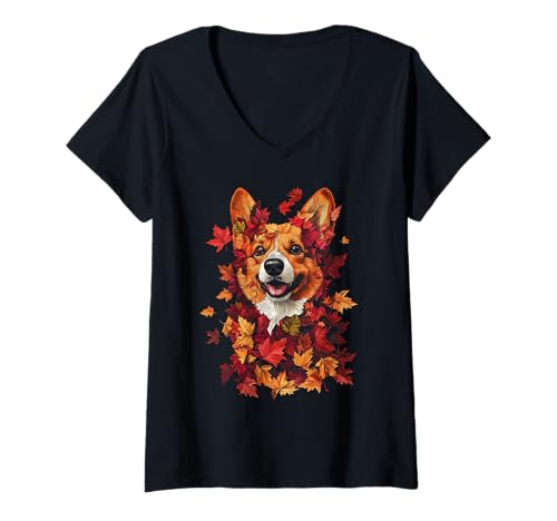 Damen Corgi Herbst Blätter Lustiger Hundeliebhaber Corgi Mom T-Shirt mit V-Ausschnitt Damen Corgi Herbst Blätter Lustiger Hundeliebhaber Corgi Mom T-Shirt mit V-Ausschnitt von Autumn Corgi - Fall Apparel & Gifts