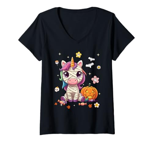 Damen Men Women Kids Groovy Retro Pumpkin Unicorn Spooky Halloween T-Shirt mit V-Ausschnitt Damen Men Women Kids Groovy Retro Pumpkin Unicorn Spooky Halloween T-Shirt mit V-Ausschnitt von Autumn Costumes Girls Halloween Tee Unicorn Lovers