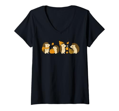 Damen Niedliche Herbstigel mit Kürbis und Kaffee gemütlicher Herbst T-Shirt mit V-Ausschnitt Damen Niedliche Herbstigel mit Kürbis und Kaffee gemütlicher Herbst T-Shirt mit V-Ausschnitt von Autumn Critters Co.