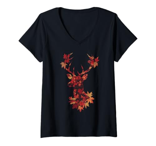 Damen Hirsch Herbst Ahornblatt Herbst Jagd Hirsch Jäger T-Shirt mit V-Ausschnitt von Autumn Deer - Hunting Apparel & Gifts