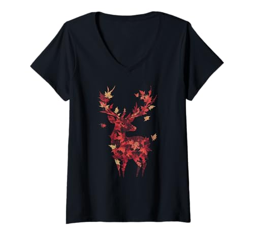 Damen Hirsch Herbst Ahornblatt Herbst Jagd Hirsch Jäger T-Shirt mit V-Ausschnitt von Autumn Deer - Hunting Apparel & Gifts
