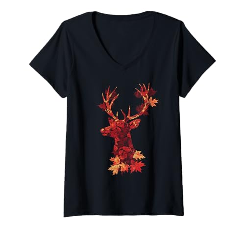 Damen Hirsch Herbst Ahornblatt Herbst Jagd Hirsch Jäger T-Shirt mit V-Ausschnitt Damen Hirsch Herbst Ahornblatt Herbst Jagd Hirsch Jäger T-Shirt mit V-Ausschnitt von Autumn Deer - Hunting Apparel & Gifts