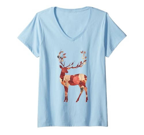 Damen Hirsch Herbst Ahornblatt Herbst Wald Tierjäger Jagd T-Shirt mit V-Ausschnitt von Autumn Deer - Hunting Apparel & Gifts