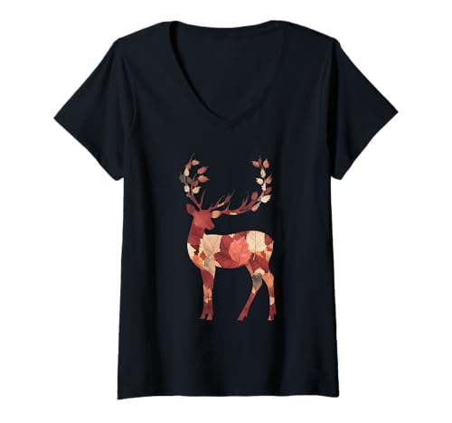 Damen Hirsch Herbst Ahornblatt Herbst Wald Tierjäger Jagd T-Shirt mit V-Ausschnitt von Autumn Deer - Hunting Apparel & Gifts