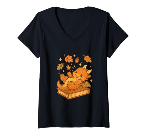 Damen Süßer Drache mit Herbstlaub T-Shirt mit V-Ausschnitt Damen Süßer Drache mit Herbstlaub T-Shirt mit V-Ausschnitt von Autumn Dragon Leaves Cozy Reading Apparel