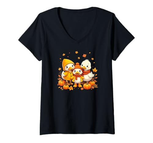 Damen Süße Entchen Familie Enten Herbst Kürbisse Gemütliche Herbstszene T-Shirt mit V-Ausschnitt von Autumn Duck Family Pumpkin Fall Cute Ducklings