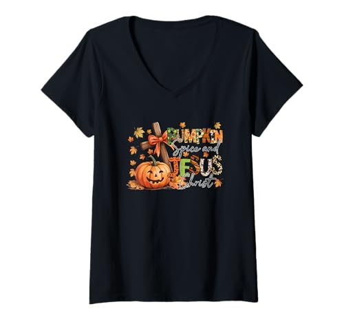 Damen Kürbisgewürz und Jesus Christ Fall Vibes T-Shirt mit V-Ausschnitt Damen Kürbisgewürz und Jesus Christ Fall Vibes T-Shirt mit V-Ausschnitt von Autumn Faith Pumpkin Spice Christianity
