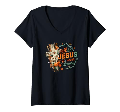 Damen Zitat Fall for Jesus He Never Leaves Cross T-Shirt mit V-Ausschnitt Damen Zitat Fall for Jesus He Never Leaves Cross T-Shirt mit V-Ausschnitt von Autumn Faithful Inspirations Spiritual