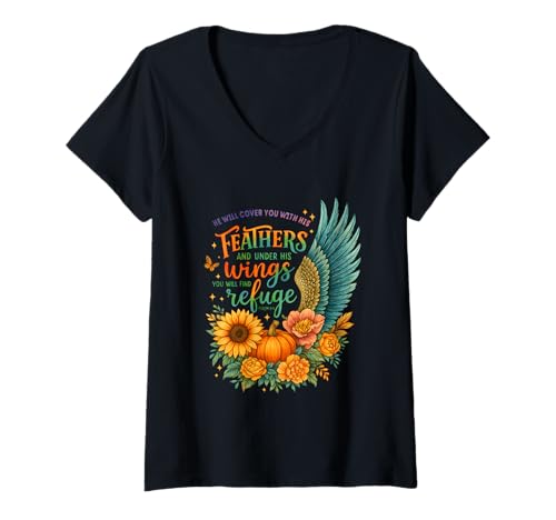 Damen Er Wird Dich mit seinen Federn Bedecken Psalm 91:4 T-Shirt mit V-Ausschnitt Damen Er Wird Dich mit seinen Federn Bedecken Psalm 91:4 T-Shirt mit V-Ausschnitt von Autumn Faithful Wings Divine Comfort