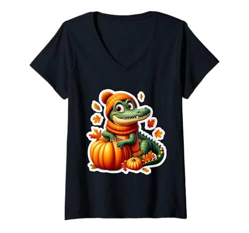 Damen Herbst Herbst Alligator Krokodil Liebhaber Thanksgiving Kürbis T-Shirt mit V-Ausschnitt Damen Herbst Herbst Alligator Krokodil Liebhaber Thanksgiving Kürbis T-Shirt mit V-Ausschnitt von Autumn Fall Alligator Crocodile Products