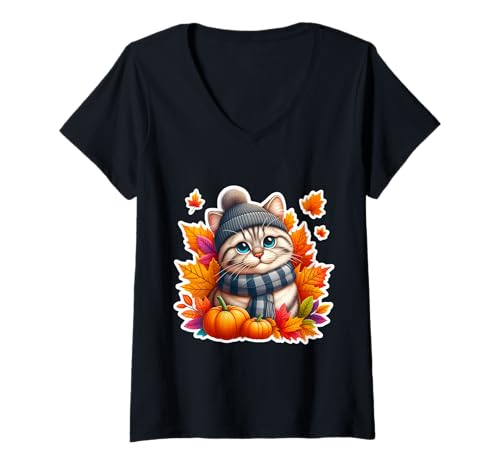 Damen Herbst Herbst American Kurzhaar Katzenbesitzer Thanksgiving Mama T-Shirt mit V-Ausschnitt von Autumn Fall American Shorthair Cat Owner Products