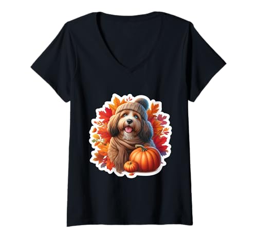 Damen Herbst Herbst Barbet Hundebesitzer Thanksgiving Mama Papa Kürbis T-Shirt mit V-Ausschnitt von Autumn Fall Barbet Dog Owner Products