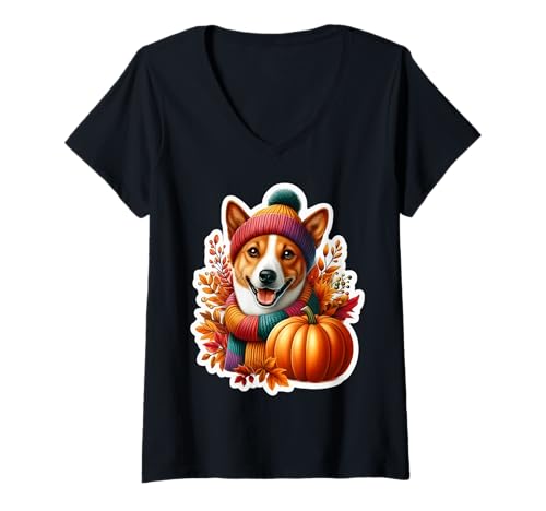 Damen Herbst Herbst Basenji Hundebesitzer Liebhaber Kürbisblätter Vintage T-Shirt mit V-Ausschnitt Damen Herbst Herbst Basenji Hundebesitzer Liebhaber Kürbisblätter Vintage T-Shirt mit V-Ausschnitt von Autumn Fall Basenji Dog Owner Products