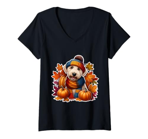 Damen Herbst Herbst Bedlington Terrier Hundebesitzer Thanksgiving Cozy T-Shirt mit V-Ausschnitt von Autumn Fall Bedlington Terrier Dog Owner Products