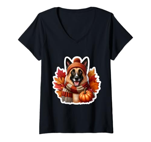 Damen Herbst Herbst Belgischer Laekenois Hundebesitzer Thanksgiving Mama Papa T-Shirt mit V-Ausschnitt von Autumn Fall Belgian Laekenois Dog Owner Products