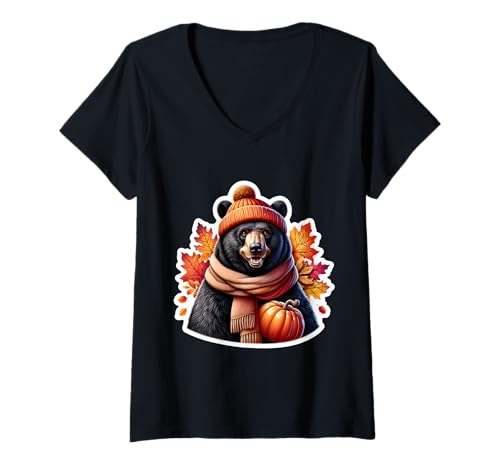 Damen Herbst Herbst Schwarzbär Liebhaber Thanksgiving Kürbisblätter T-Shirt mit V-Ausschnitt Damen Herbst Herbst Schwarzbär Liebhaber Thanksgiving Kürbisblätter T-Shirt mit V-Ausschnitt von Autumn Fall Black Bear Products