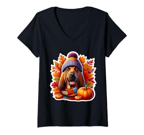 Damen Herbst Herbst Bloodhound Hund Besitzer Liebhaber Kürbis Vintage niedlich T-Shirt mit V-Ausschnitt Damen Herbst Herbst Bloodhound Hund Besitzer Liebhaber Kürbis Vintage niedlich T-Shirt mit V-Ausschnitt von Autumn Fall Bloodhound Dog Owner Products