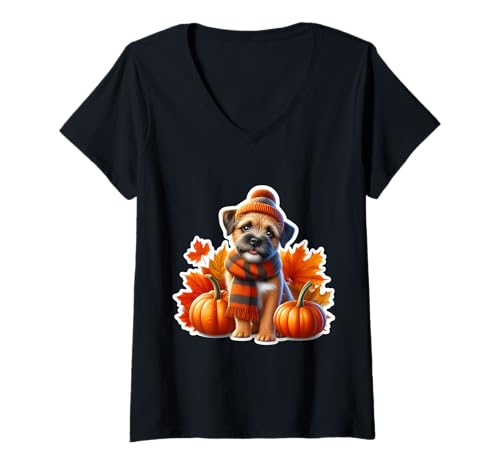 Damen Herbst Herbst Border Terrier Hundebesitzer Liebhaber Kürbis Vintage T-Shirt mit V-Ausschnitt Damen Herbst Herbst Border Terrier Hundebesitzer Liebhaber Kürbis Vintage T-Shirt mit V-Ausschnitt von Autumn Fall Border Terrier Dog Owner Products