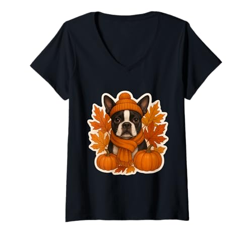 Damen Herbst Herbst Boston Terrier Hund Kürbis Blätter Besitzer Liebhaber T-Shirt mit V-Ausschnitt Damen Herbst Herbst Boston Terrier Hund Kürbis Blätter Besitzer Liebhaber T-Shirt mit V-Ausschnitt von Autumn Fall Boston Terrier Dog Owner Products